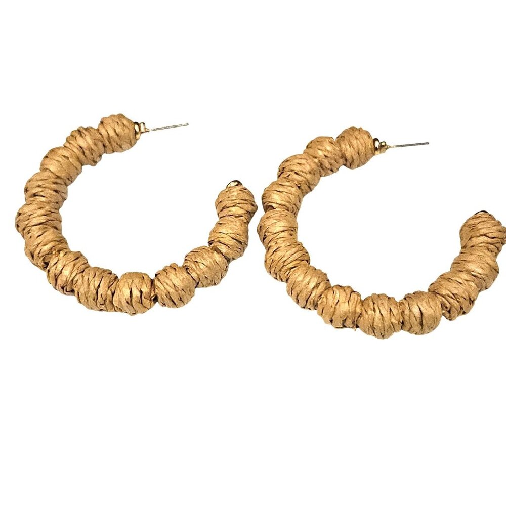 Tan Wrapped Raffia Boho Hoop Statement Pierced Earrings